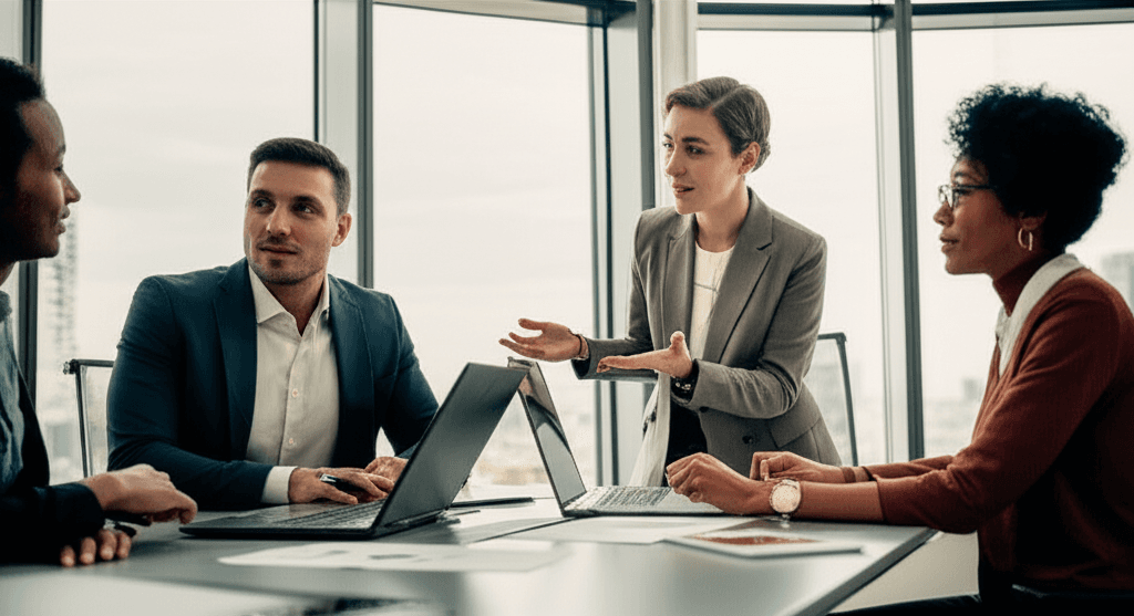 Equipo profesional colaborando en oficina moderna